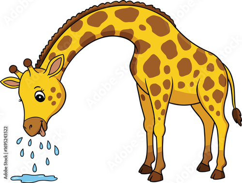 Cartoon giraffe drinking water, cute animal illustration, vector wildlife art, long neck character, puddle scene, nature, kids, safari, zoo