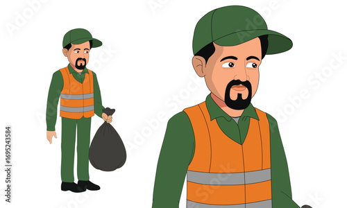Cartoon Sanitation Worker Vector Character Holding Garbage Bag