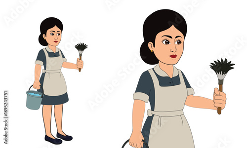Cartoon Maid Woman Vector Character with Cleaning Tools