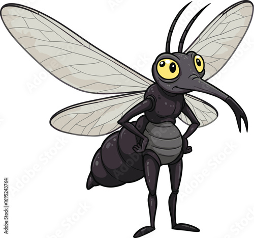 Cartoon mosquito vector, anthropomorphic insect character, yellow eyes, confident pose, translucent wings, bug mascot, educational illustration, children’s animal design