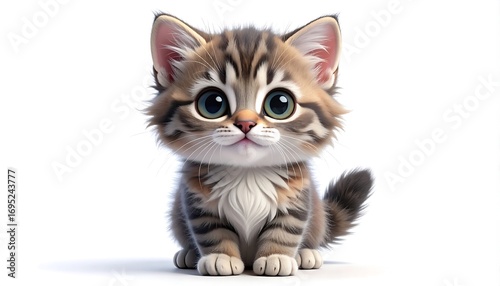 Adorable cartoon kitten with big eyes sitting against a clean white background