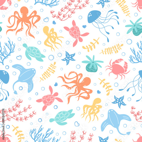 Seamless underwater cartoon pattern of marine life. Aquatic creatures including turtle, jellyfish, starfish, and ocean fauna in colorful style. Playful marine world with summer vibes. Ideal as
