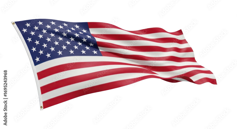 Obraz premium Dynamic Waving American Flag with Visible Fabric Texture, Displaying Stars and Stripes, Isolated. isolated on transparent background. No Background PNG