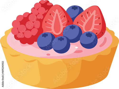 Delicious fruit tart topped with raspberries, blueberries, and strawberries. Perfect for food blogs, recipe websites, and bakery advertisements.