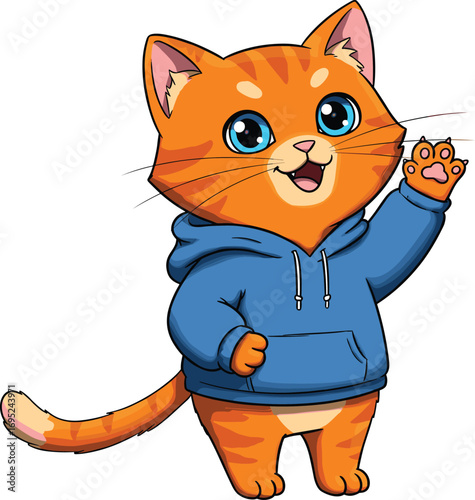 Cartoon orange tabby cat vector, cute feline character, blue hoodie, waving paw, cheerful animal mascot, children’s illustration, friendly pet design