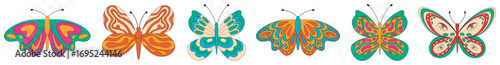 Groovy y2k butterfly seamless border in funky and colorful floral pattern. Graphic style with retro inspiration, modern vibe for trendy backgrounds or fabric. Vibrant motif with artistic edge.