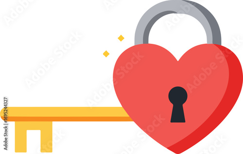 Golden key unlocking red heartshaped padlock signifies love, commitment, relationships, valentines day, security, unlocking potential, and finding true love.