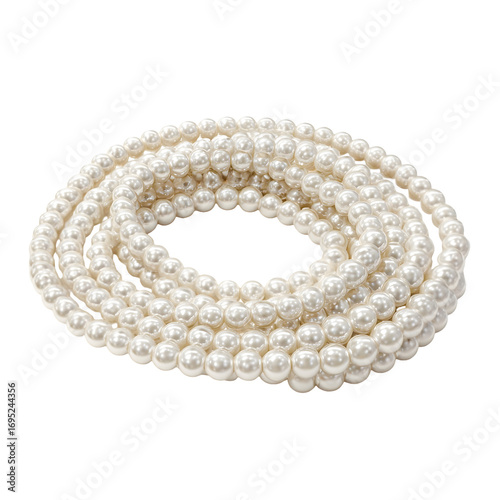 A long strand of small white pearls elegantly coiled into a circular shape isolated on transparent background
