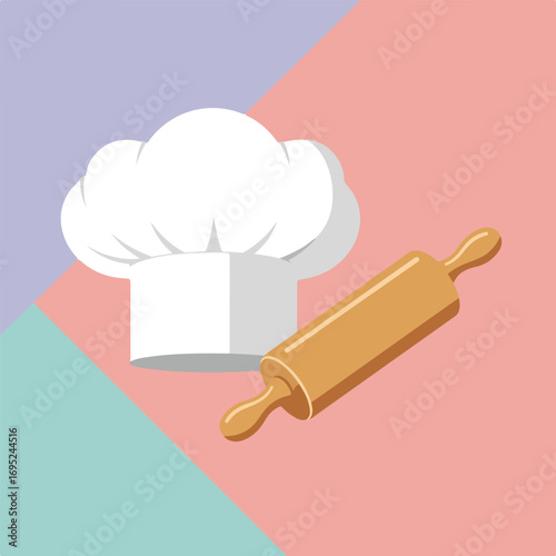Chefs hat and rolling pin on pastel background. Perfect for culinary, food, bakery, and kitchenrelated designs and concepts.