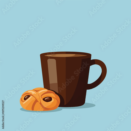 Dark brown mug of coffee sits next to a sweet pastry roll. Perfect for coffee shop advertisements, food blogs, and social media posts.