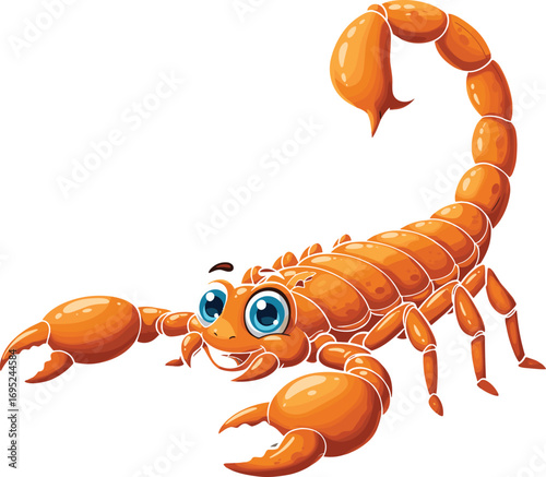 Cartoon scorpion vector, cute arachnid character, smiling orange insect, blue eyes, friendly mascot, children’s illustration, desert animal, playful bug design