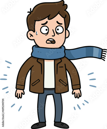 Cartoon shivering person, cold weather character, winter discomfort illustration, warm clothing, blue scarf, freezing expression, vector art, seasonal health, chill reaction