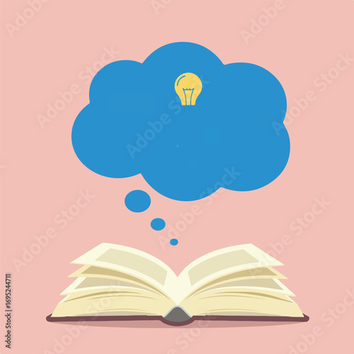 Open book with a lightbulb in a thought bubble. Ideal for creativity, education, inspiration, and brainstorming.
