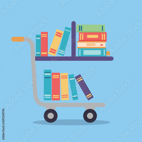 Book cart with colorful books suitable for bookstore promotions, school events, reading programs, educational blogs, and library advertisements.