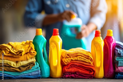 Colorful laundry detergents and vibrant towels arranged for washing in a bright home setting during the day