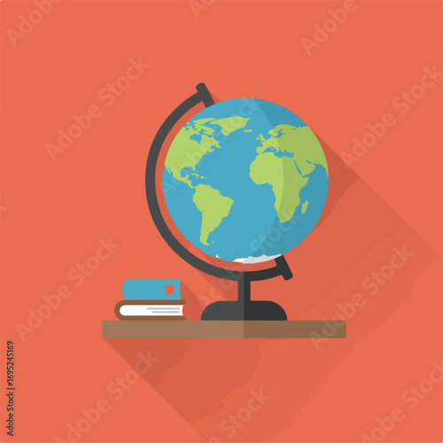 Globe and books displayed on a shelf against a vibrant red backdrop, perfect for education and travelthemed design projects.