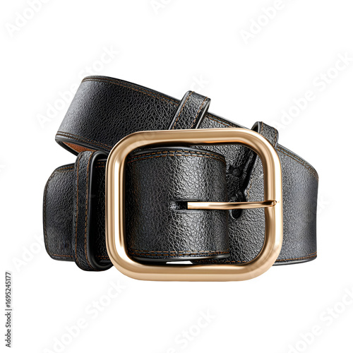 Close up of a textured black leather belt with a polished gold square buckle isolated on transparent background