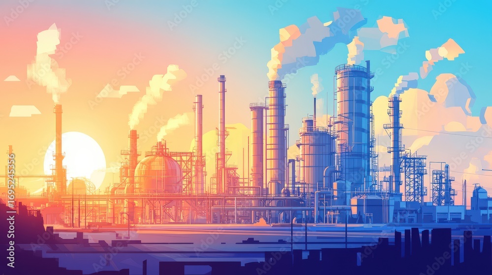 Fototapeta premium Industrial complex at sunrise.