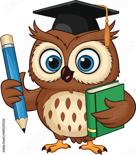 Owl, cartoon, graduation, vector, illustration, pencil, book, cap, tassel, education, learning, academic, cheerful, character, wisdom, student, school, study, knowledge, scholar