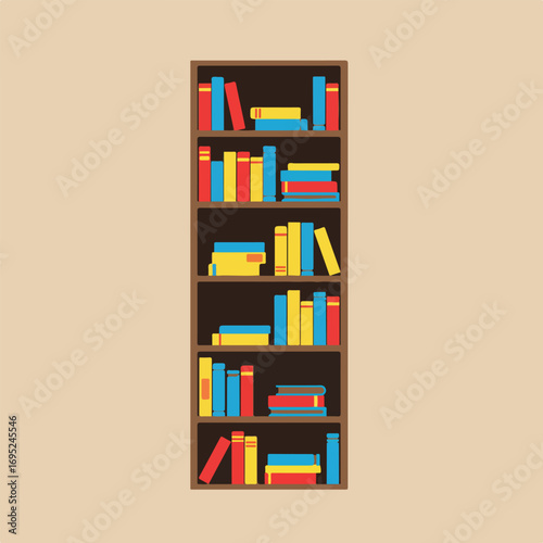Brown bookcase with colorful books, against a light background, great for education, interior design, book lovers, and readingrelated concepts.