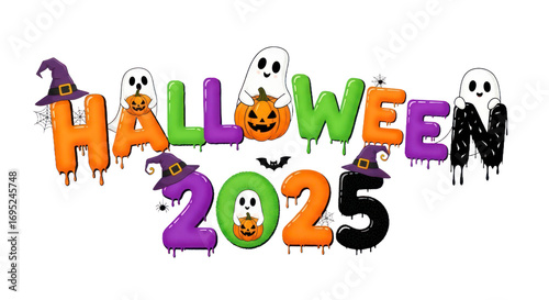 Festive Halloween 2025 Typography with Dripping Letters, Cute Ghosts, Pumpkins, Witch Hats, and Spiders, Isolated Spooky Celebration Graphic. isolated on transparent background