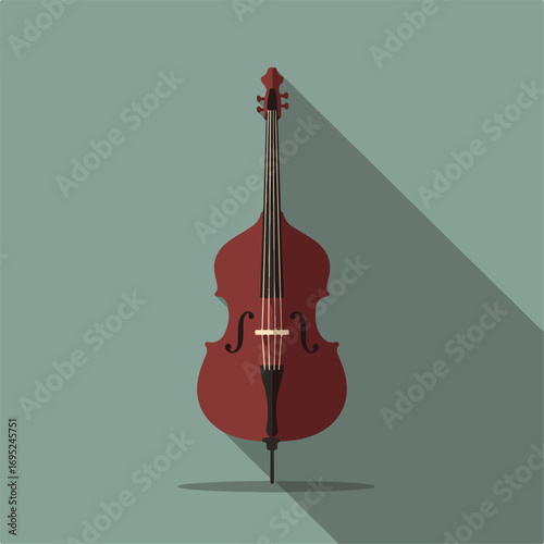 Red upright bass instrument against a teal background makes for a striking visual in musicthemed designs, posters, social media graphics.