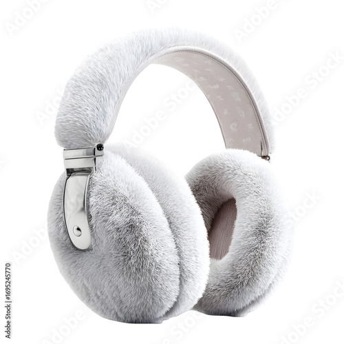 Fluffy white earmuffs headphones with a soft fuzzy texture isolated on transparent background