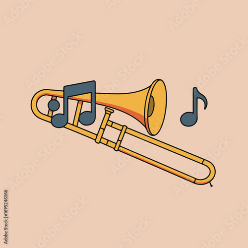 Trombone and music notes on a peach background. Ideal for musicrelated designs, concert promotions, or music education visuals. Vibrant and eyecatching.