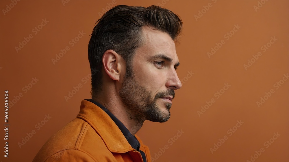 Fototapeta premium Handsome American man in plain orange background, side view looking on the right