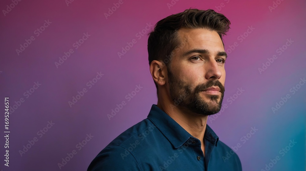 Fototapeta premium Handsome American man in plain colorful background, side view looking on the right