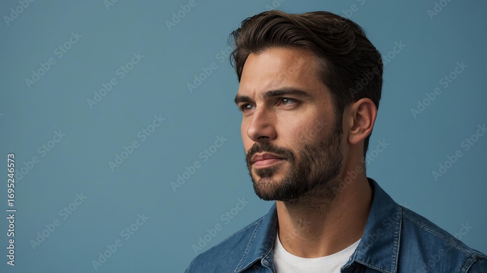 Obraz premium Handsome American man in plain blue background, side view looking on the right