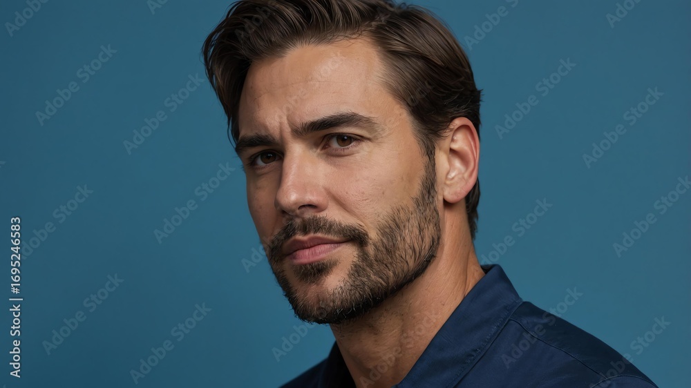 Obraz premium Handsome American man in plain blue background, side view looking on the right
