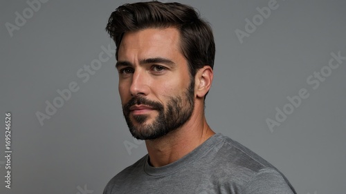 Handsome American man in plain gray background, side view looking on the right