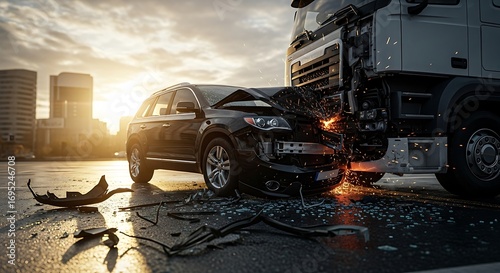 Damaged semi-truck trailer wreck at sunset with industrial buildings in background