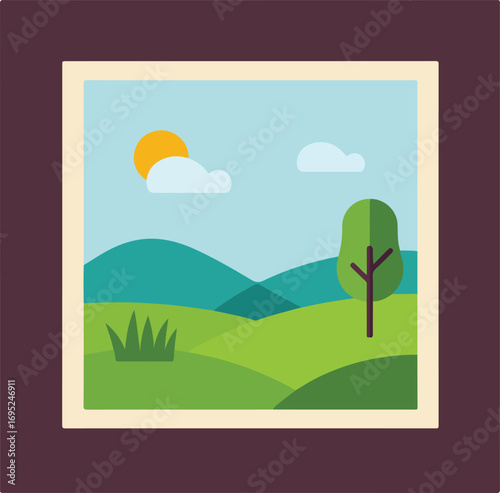 Landscape scene with mountains, sun, and lone tree. Suitable for naturethemed designs, travel brochures, and inspirational content.