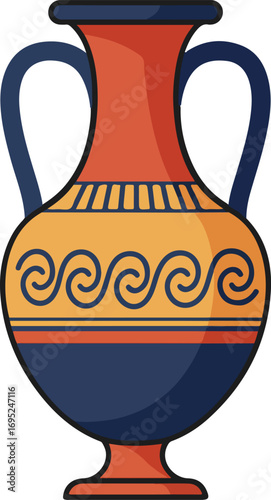 Ornate orange yellow and blue ancient greek amphora perfect for art history lectures, educational materials, and cultural design projects.