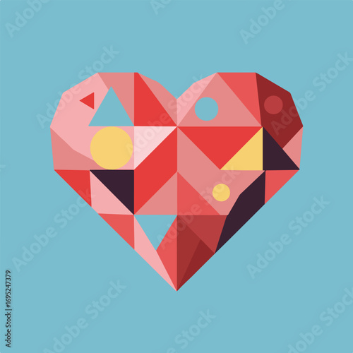 Geometric heart with red triangles and circles, perfect for valentines day designs and abstract concepts. Abstract art for graphic designs.