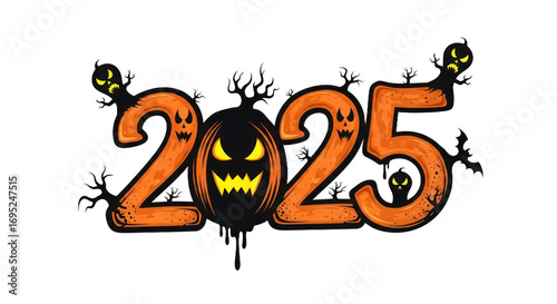Spooky Halloween 2025 Text Art featuring a Jack-o'-Lantern, Creepy Ghosts, and Eerie Tree Branches, perfect for October and New Year' Eve celebrations.. isolated on transparent background