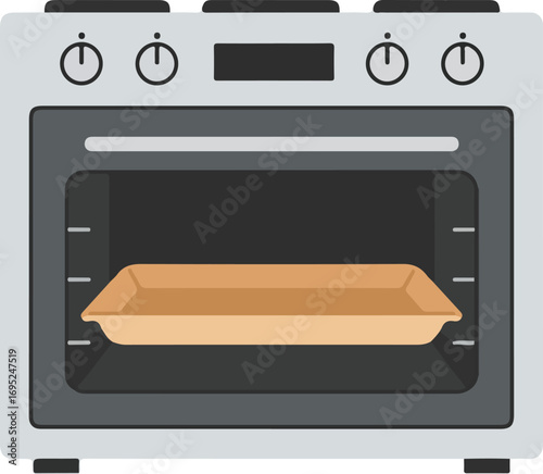 Oven with a baking sheet inside, perfect for showcasing kitchen appliances, home cooking, baking, food preparation, household, culinary concepts.