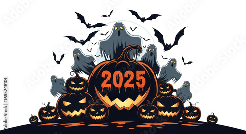 Spooky Halloween 2025 Celebration with Glowing Jack-o'-Lanterns, Flying Bats, and Eerie Ghosts, Perfect for Festive Seasonal Decorations and Party Invitations. isolated on transparent background