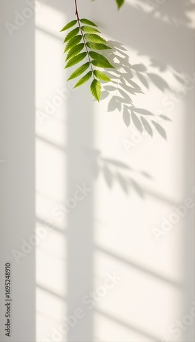 Fresh Fern Leaf Shadows on White Wall with Morning Spring Light, 9:16