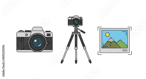 Illustration of two cameras one on a tripod and a framed picture of a mountain landscape scene