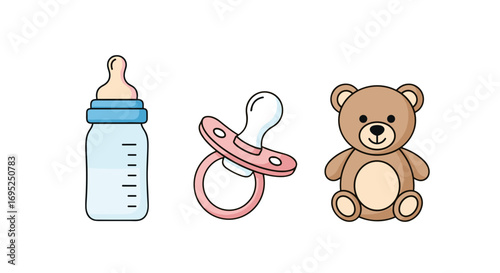 Illustration of baby bottle with milk, pink pacifier, and a brown teddy bear on a white background