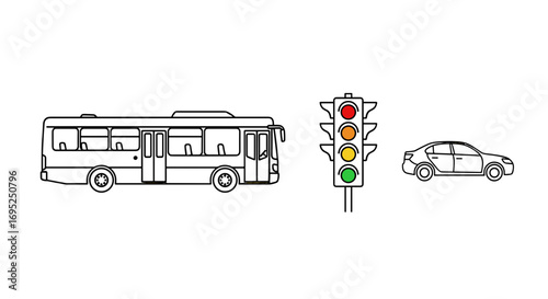 Illustration of a bus, traffic light showing red, yellow and green, and a car in black outline