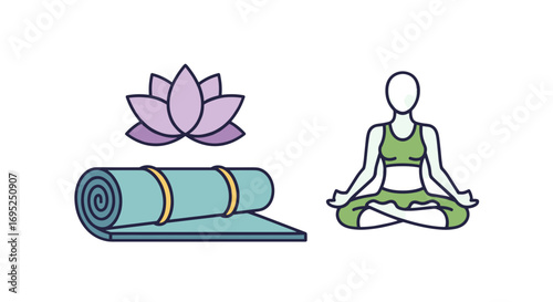 Illustration of a yoga mat, lotus flower, and a person meditating in the lotus position on a white background