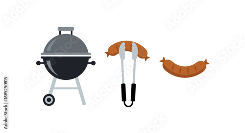 Illustration of a barbecue grill with sausages and tongs ready for a summer outdoor cookout party