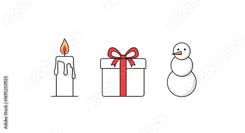Illustration of a candle with flame, a gift box with ribbon, and a snowman isolated on white background
