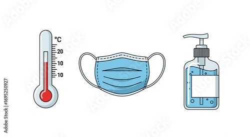 Illustration showing a thermometer, a blue surgical mask, and a bottle of hand sanitizer against white
