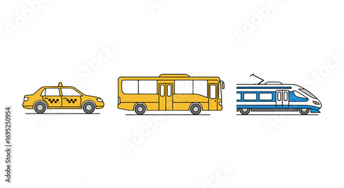 Illustration showing a yellow taxi, a yellow bus and a blue and white train lined up on a white background