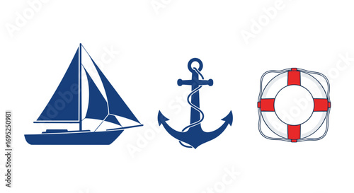 Illustration of a sailboat, an anchor, and a life preserver in a nautical themed design with a white background